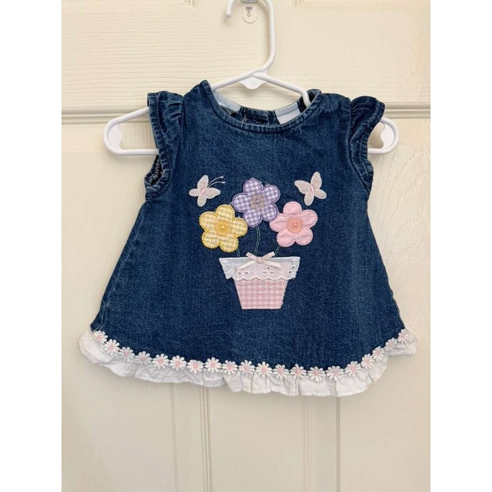 Miniwear Baby Girl Denim Dress 0-3 Months Floral Applique Blue